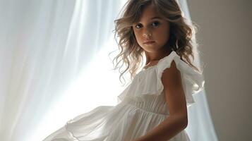 un pequeño niña en blanco vestir posando para imagen con cortina detrás su ai generativo foto
