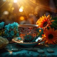 a cup and saucer on table with flowers rocks in the background photo