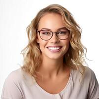 un mujer con lentes sonriente para imagen ai generativo foto