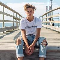 a young man sitting on wooden dock next to the ocean AI Generative photo