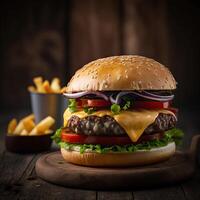 un hamburguesa con queso y tomate en eso y un cuenco de francés papas fritas en el antecedentes ai generativo foto