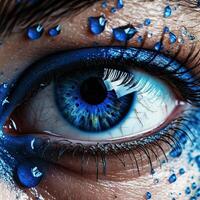 a blue eye with drops of water on it's iris and black eyeliner eyeshadow photo