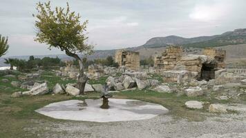 Ancient drinking fountain and ruins of Hierapolis in Pamukkale, Turkey video