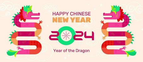 Chinese New Year postcard with two Asian dragons and text greeting, vector illustration in flat geometrical design.
