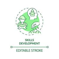 Skills development green concept icon. Growing plants. Harvesting crop. Operating equipment. Agriculture education. Round shape line illustration. Abstract idea. Graphic design. Easy to use vector