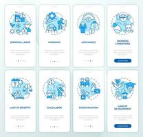 Labor problems in agriculture sector blue onboarding mobile app screen set. Walkthrough 4 steps editable graphic instructions with linear concepts. UI, UX template vector