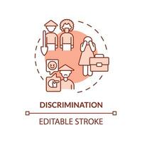 Discrimination red concept icon. Gender inequality. Migrant worker. Agriculture employee. Labor market. Limited access. Round shape line illustration. Abstract idea. Graphic design. Easy to use vector