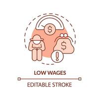 bajo salario rojo concepto icono. mínimo ingreso. No dinero. manual trabajar. financiero problema. granja obrero. labor mercado. redondo forma línea ilustración. resumen idea. gráfico diseño. fácil a utilizar vector