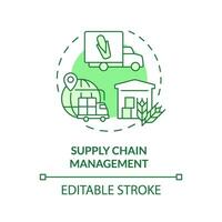 Supply chain management green concept icon. Farm to table. Food transportation. Inventory control. Agriculture business. Round shape line illustration. Abstract idea. Graphic design. Easy to use vector
