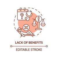 Lack of benefits red concept icon. No social protection. Limited access. Agriculture worker. Overtime work. Round shape line illustration. Abstract idea. Graphic design. Easy to use vector