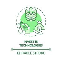 Invest in technologies green concept icon. Increase productivity. Improve efficiency. Rural development. Farm machinery. Round shape line illustration. Abstract idea. Graphic design. Easy to use vector