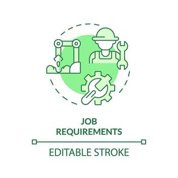 trabajo requisitos verde concepto icono. técnico habilidades. agrícola obrero. operando maquinaria. automatización proceso. redondo forma línea ilustración. resumen idea. gráfico diseño. fácil a utilizar vector