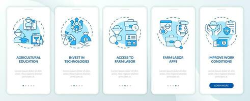 Addressing labor issues blue onboarding mobile app screen. Farm industry walkthrough 5 steps editable graphic instructions with linear concepts. UX, GUI template vector