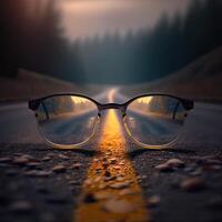 a pair of glasses sitting on the road photo