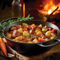 a pot of stew with carrots and potatoes on table next to fire place photo