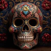 a colorful skull with ornate decorations on it's face and eyes photo