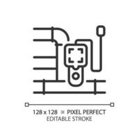 2D pixel perfect editable black pipeline and device icon, isolated vector, thin line illustration representing plumbing. vector