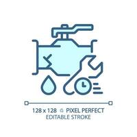 2D pixel perfect editable blue pipe leakage with time and wrench icon, isolated vector, thin line illustration representing plumbing. vector