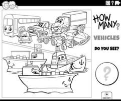 counting cartoon transportation vehicles educational activity coloring page vector