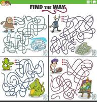 find the way maze games set with people and fantasy characters vector