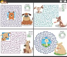 maze activities set with cartoon dogs and puppies vector