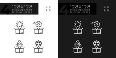 Pixel perfect icons set for dark and light mode representing product management, editable white thin line illustration. vector