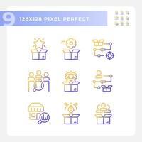 2d píxel Perfecto íconos conjunto representando producto gestión, degradado Delgado línea ilustración. vector