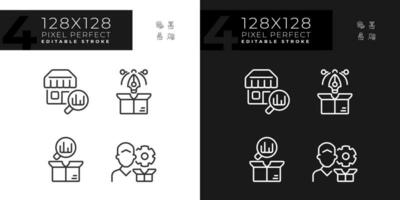 2D pixel perfect icons set for dark and light mode representing product management, editable thin line illustration. vector