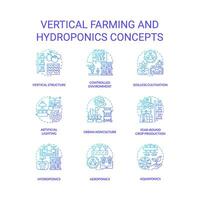 Gradient icons set representing vertical farming and hydroponics concepts, isolated vector, thin line illustration. vector