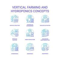 Gradient icons set representing vertical farming and hydroponics concepts, isolated vector, thin line illustration. vector