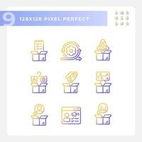 Pixel perfect icons representing product management, gradient thin line illustration set. vector