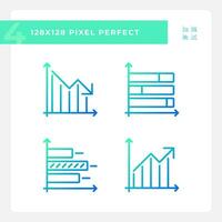 Business performance gradient linear vector icons set. Economic research. Financial analysis. Data analytics. Thin line contour symbol designs bundle. Isolated outline illustrations collection