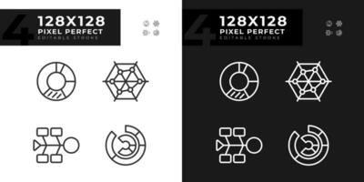 Competitor analysis linear icons set for dark, light mode. Data distribution. Market research. Charts and diagrams. Thin line symbols for night, day theme. Isolated illustrations. Editable stroke vector