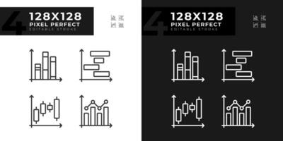 Stock market linear icons set for dark, light mode. Money charts. Investment strategy. Financial data. Trading company. Thin line symbols for night, day theme. Isolated illustrations. Editable stroke vector