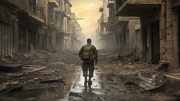 Solitude Amidst Ruin, The Resilient Soldier's Journey Through a Devastated City. Generative AI photo