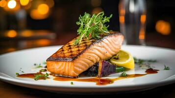 Delicious grilled salmon fillet in luxury restaurant, Generative AI photo