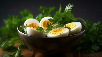 Boiled eggs in a bowl decorated with parsley leaves. Generative AI photo