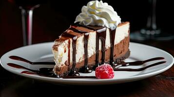 un pedazo de chocolate tarta de queso con azotado crema y chocolate salsa. generativo ai foto