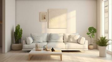 Modern living room in white color with sofa. Scandinavian interior design. Generative AI photo