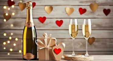 Glasses of champagne, bottle, gift and hearts on white table near wooden wall. Valentine's Day celebration, Generative AI photo