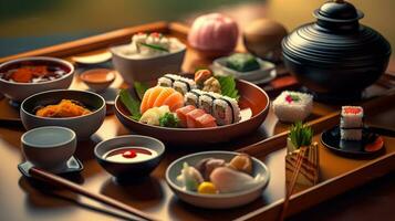 saboreando Japón, un delicioso fusión de sabores en el restaurante mesa. generativo ai foto