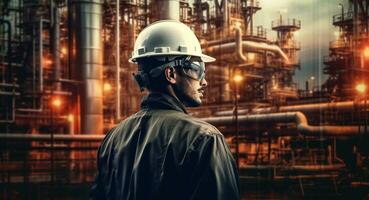 Double exposure of Engineer with oil refinery industry plant background. Generative AI photo