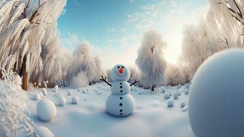 Winter Wonderland, A Panoramic Delight of a Joyful Snowman. Generative AI photo