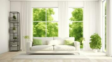 White room with sofa and green landscape in window. Generative AI photo