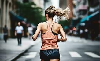 mujer corriendo en ciudad calle a el Mañana. generativo ai foto