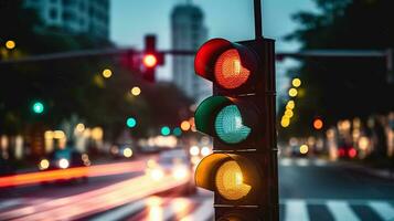 un tráfico ligero a un calle cruce con un hermosa bokeh ciudad y carros en el antecedentes. generativo ai foto