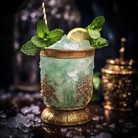 a glass with mint and lemon drink on table photo