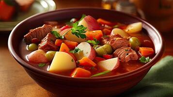 a bowl of stew with meat potatoes carrots and parsley in it on table photo