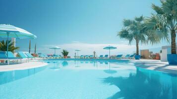 there is a pool with chairs and umbrellas next to the beach. generative ai. photo