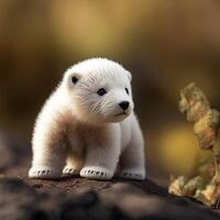 Small white polar bear sitting on the rock photo